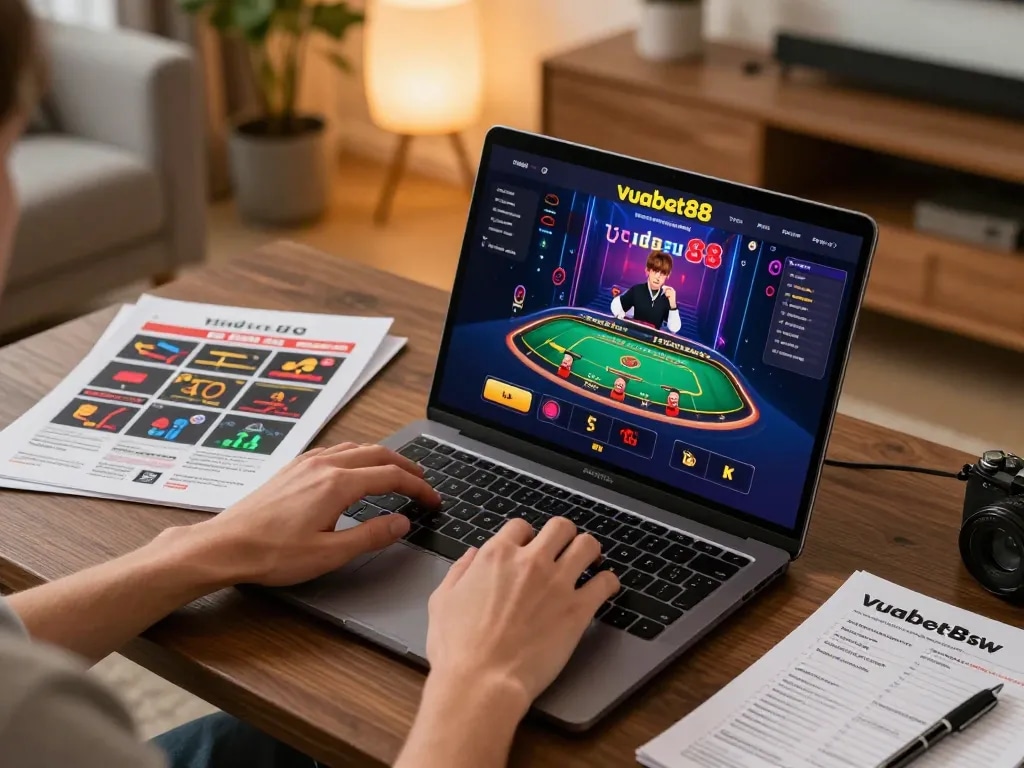Player strategizing with Vuabet88 online casino interface in a cozy home setup