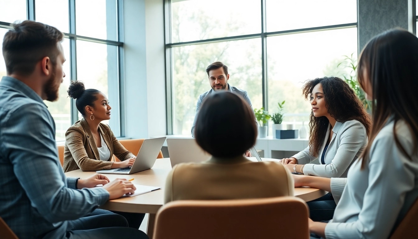 Business coach Sacramento leading a dynamic session with diverse clients in a modern office setting.