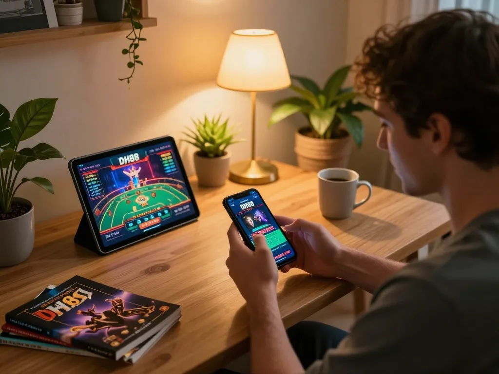 Player enjoying DH88 casino app on smartphone while strategizing online gameplay at a cozy home setup.