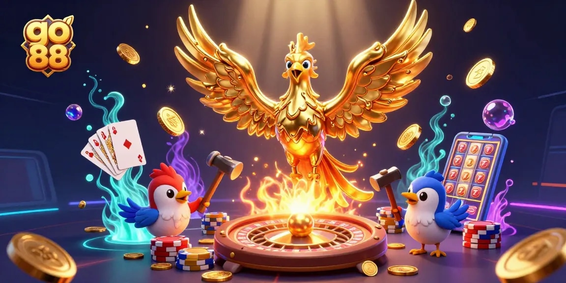 Experience thrilling gameplay at go 88 with a vibrant 3D illustration showcasing exciting casino elements.
