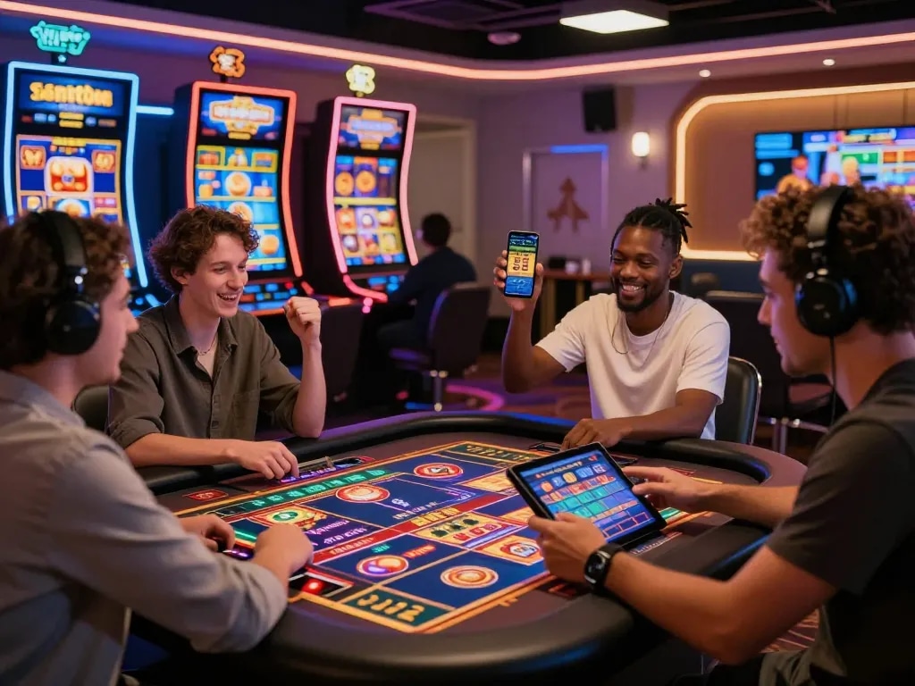 Enthusiastic players celebrating wins at vegasslot77 digital casino gaming table.