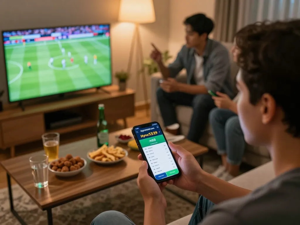 Person engaging with hytw3339 com betting app during live football match, showcasing excitement in home setup.