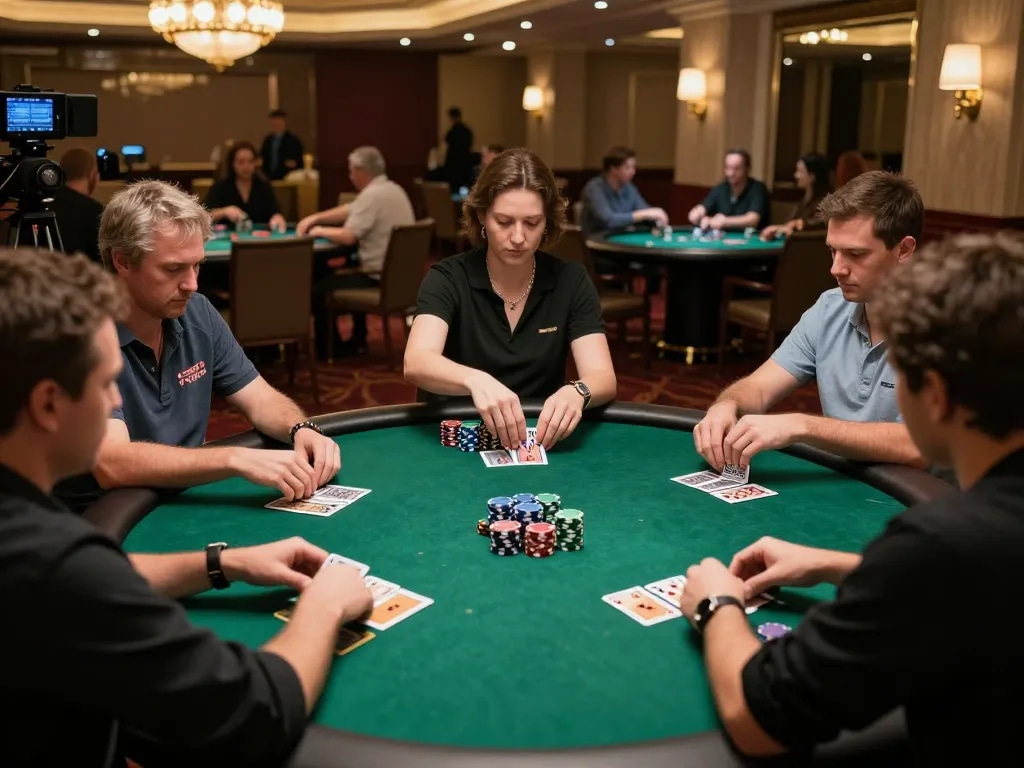 Permainan IDN Poker yang sedang berlangsung di meja kasino mewah dengan pemain yang terlibat dan chip yang berwarna-warni.