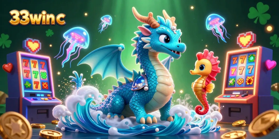 Experience the thrill of 33win c with vibrant slot machines and a magical ocean-themed illustration.