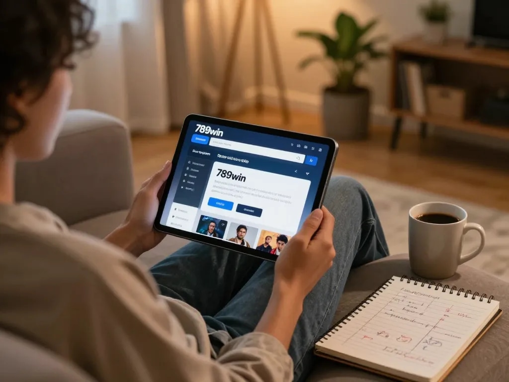 Engaging with 789win đăng nhập interface on a tablet in a cozy home environment