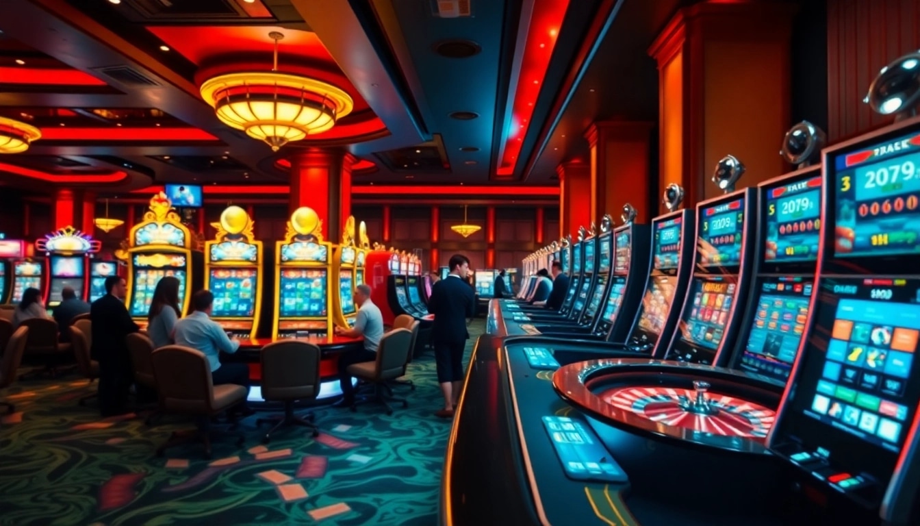 Interwin official menciptakan atmosfer kasino yang hidup dengan mesin slot dan meja roulette.