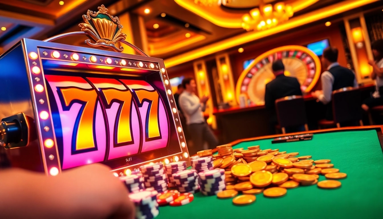 Experience thrilling gameplay with the slot 777 machine amidst a lively casino setting.