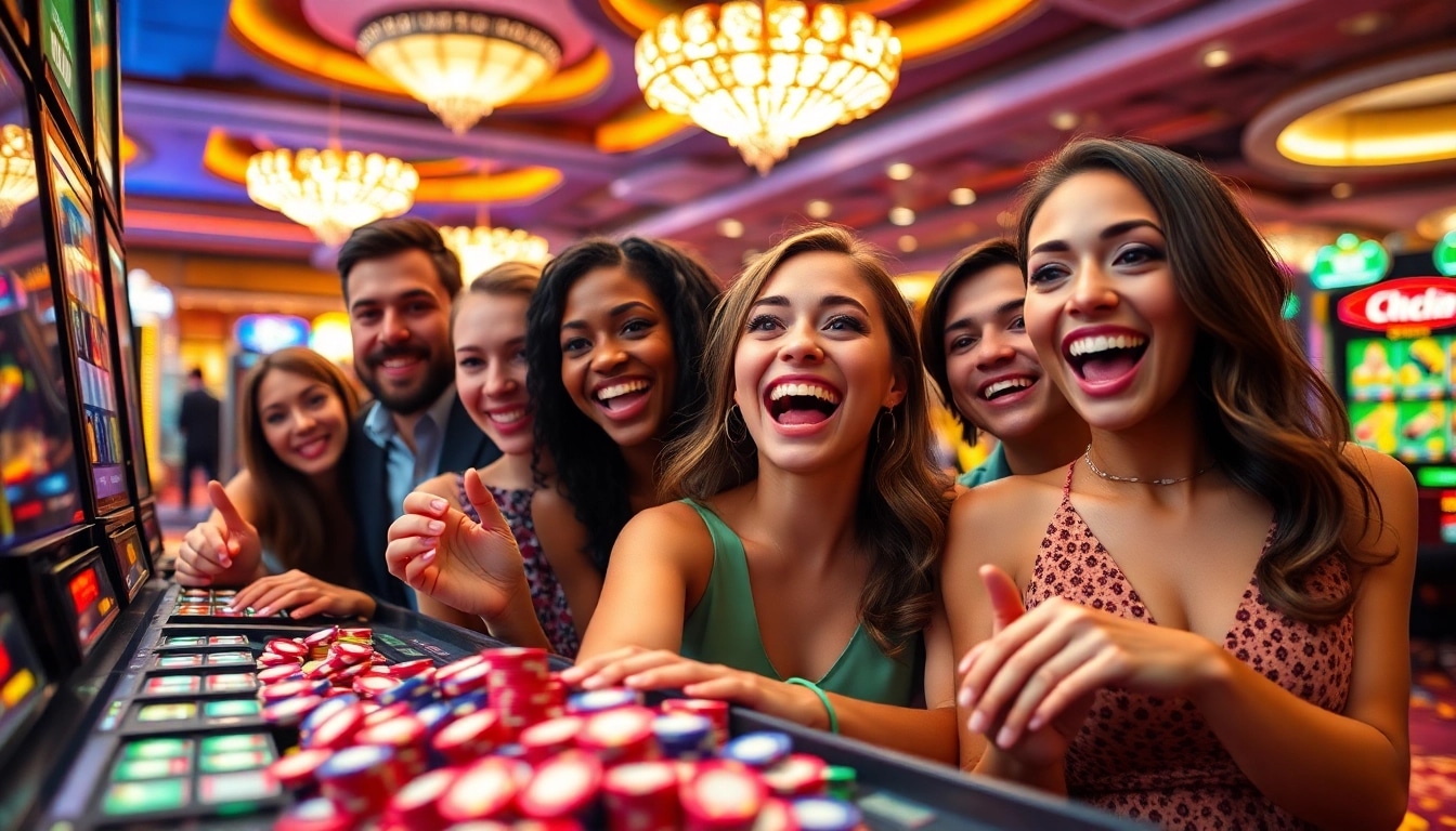 Erlebe den neue casino bonus ohne einzahlung in einer aufregenden Casino-Umgebung mit jubelnden Spielern.
