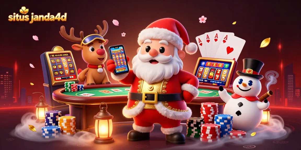 Permainan situs janda4d menampilkan Santa Claus dan teman-temannya dalam kasino yang ramai.