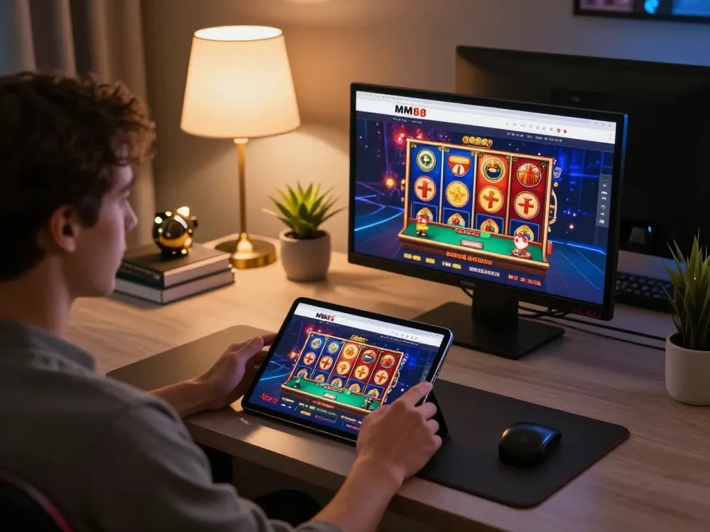 Engaging user on the Website MM88 enjoying responsible gaming on a tablet in a cozy home setting.