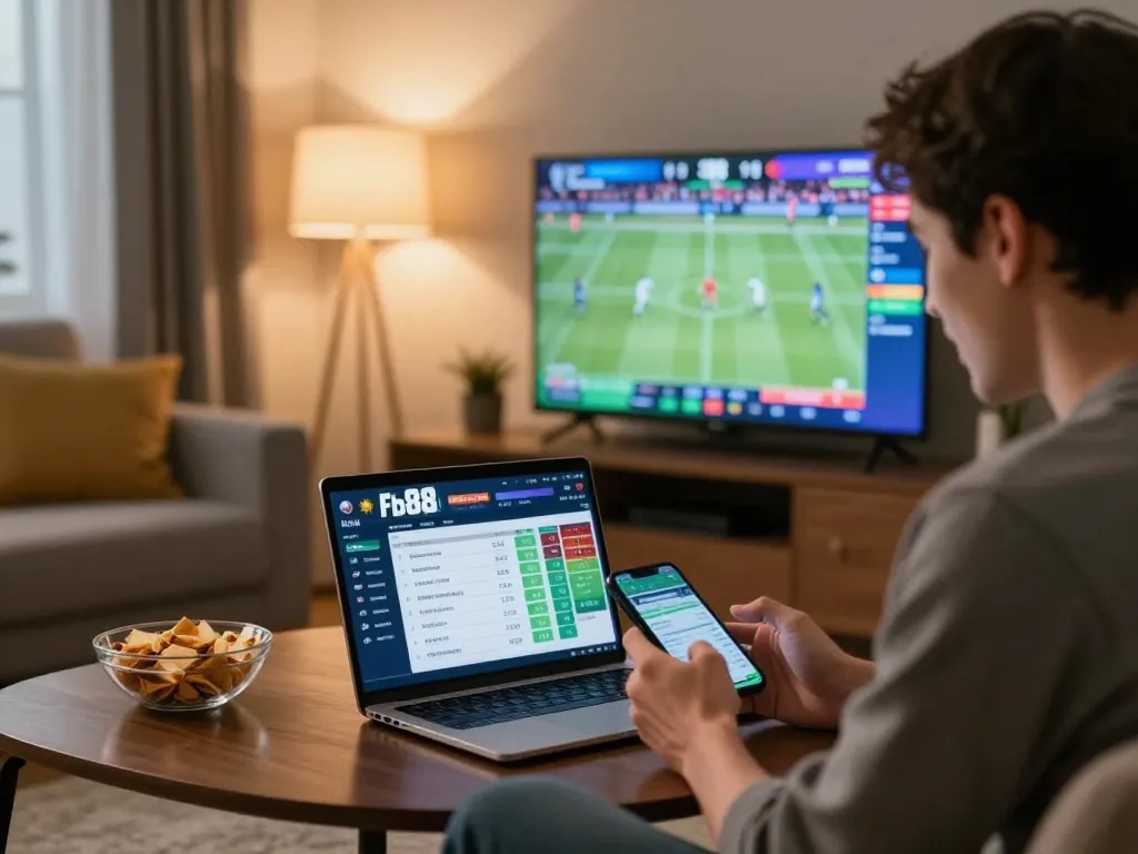 Excited bettor using fb88 to place live sports bets in a cozy home setup.