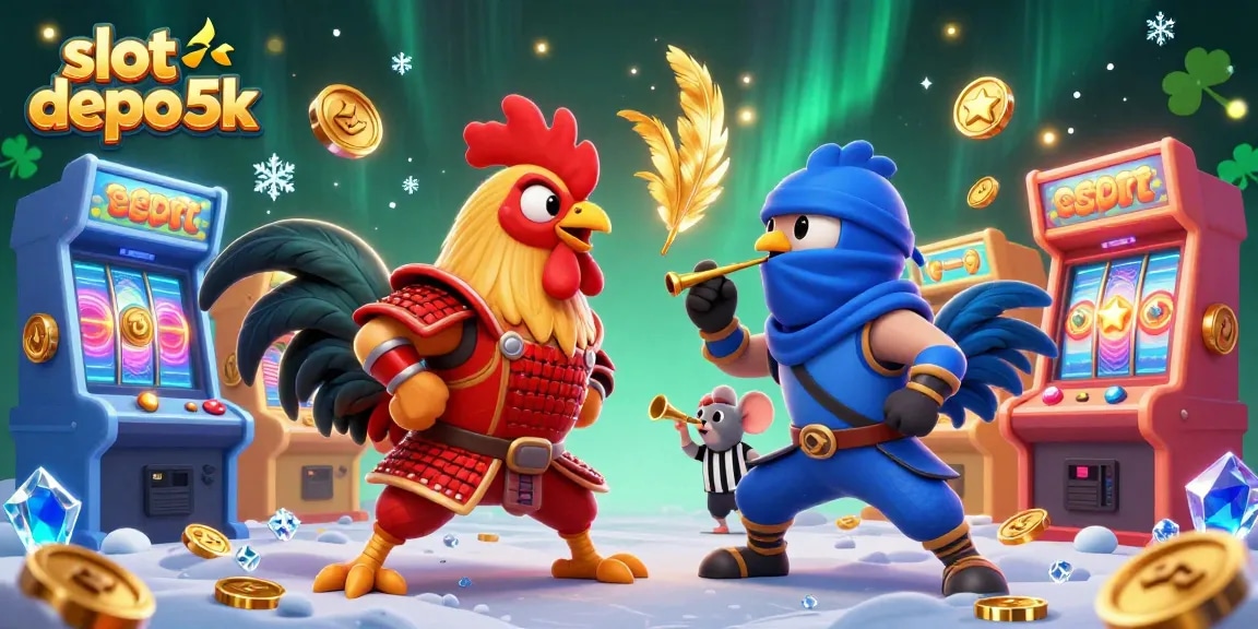 Engage in thrilling gameplay with slot depo 5k as roosters clash in a vibrant 3D casino setting.