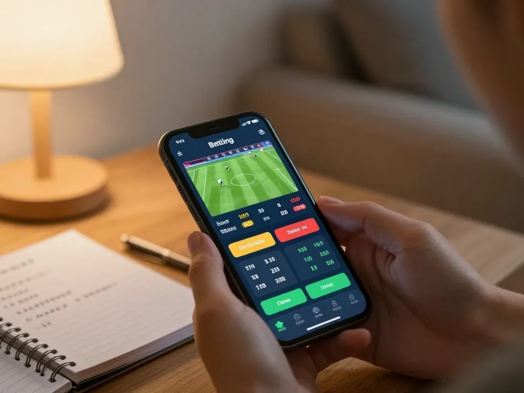 Person using smartphone for live betting on https://keotructuyen.jpn.com/ with game stats visible