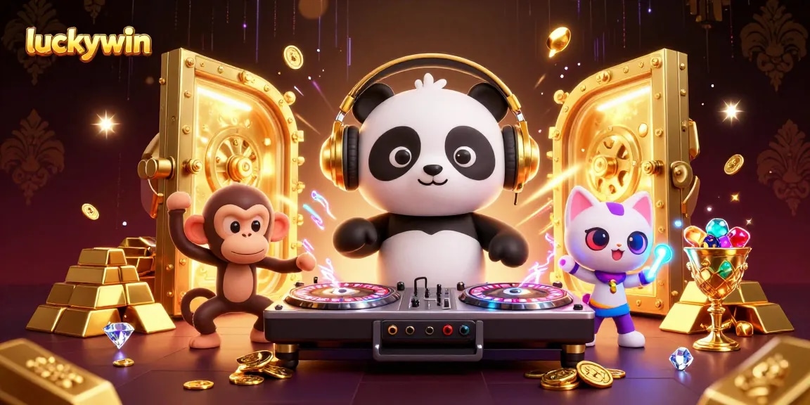 Win big at luckywin with a vibrant casino scene featuring a DJ panda, a dancing monkey, and a kitten in rave gear.