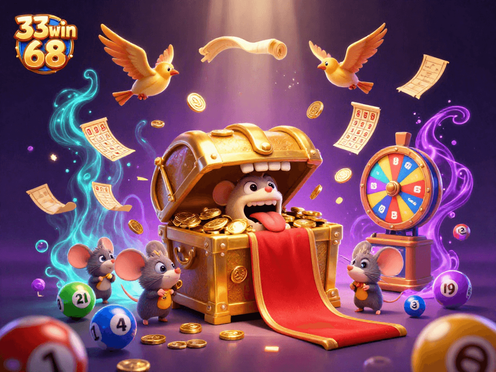 Lure in excitement with 33win 68 through a colorful lottery themed illustration featuring adventurous characters.