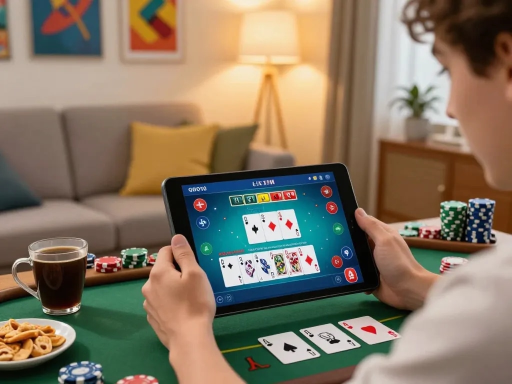 Engage with rik vip while playing thrilling blackjack on a tablet in a cozy living room.
