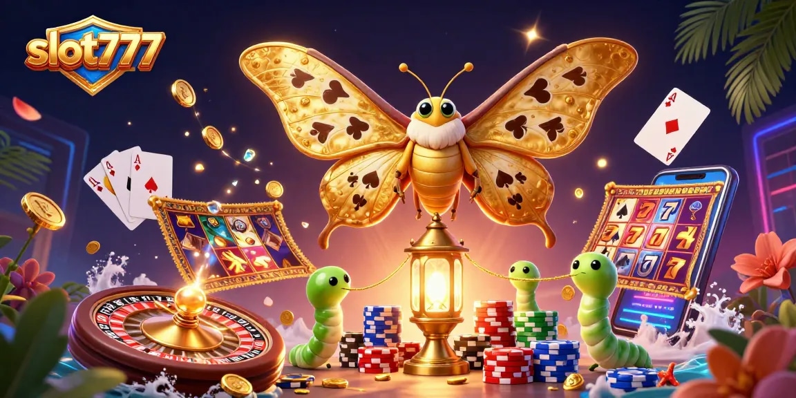 Experience the excitement of slot777 with a vibrant casino scene featuring golden moths and sparkling gems.