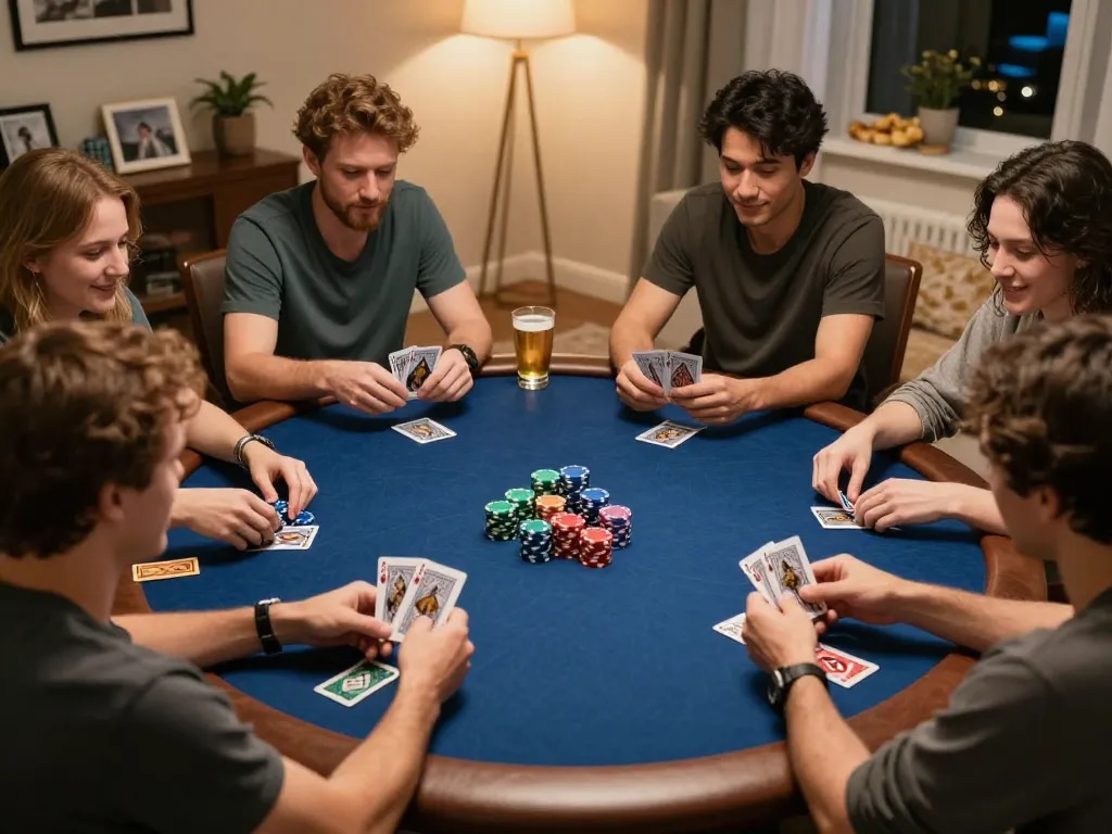 SAY88 poker night with friends gathered around a table, showcasing cards and chips in an inviting atmosphere.