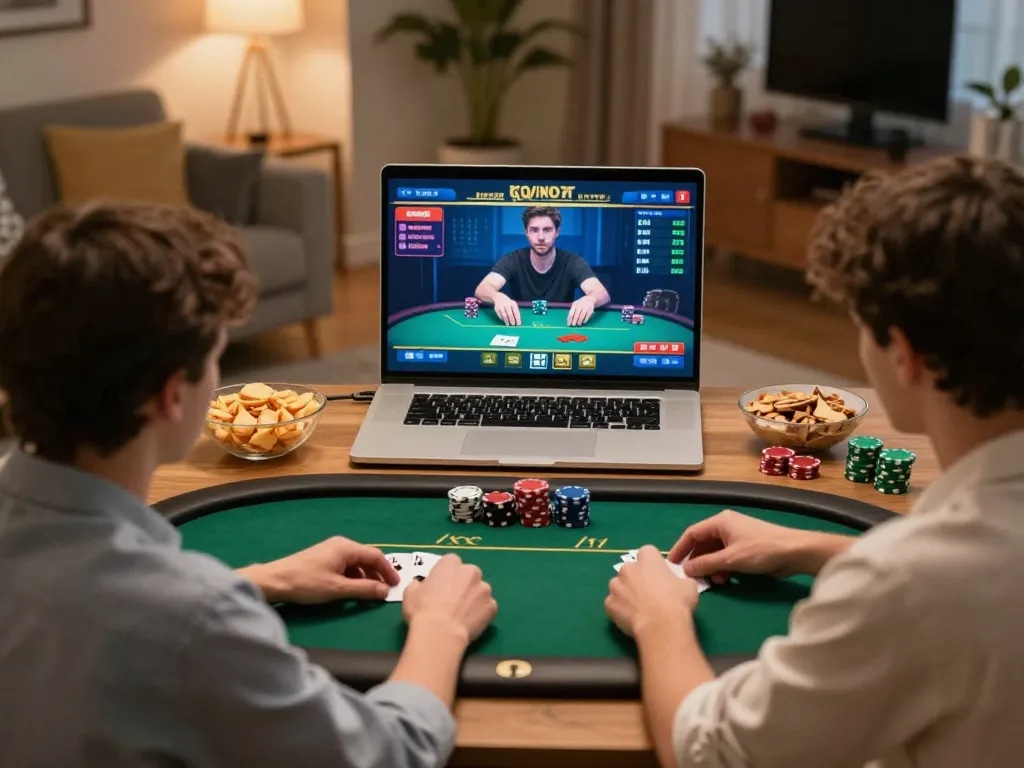 Engaged player enjoying W 88 poker game on tablet with strategy notes in cozy home