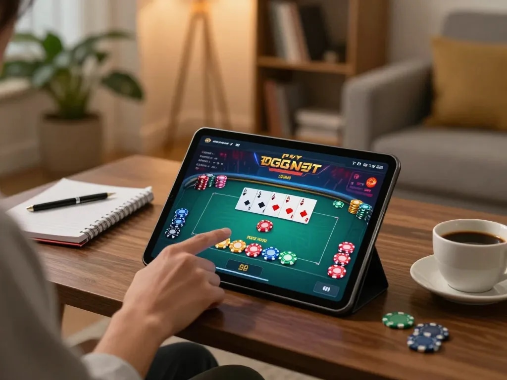 Player engaged in online poker gaming with Sun Win on tablet amid cozy home setting