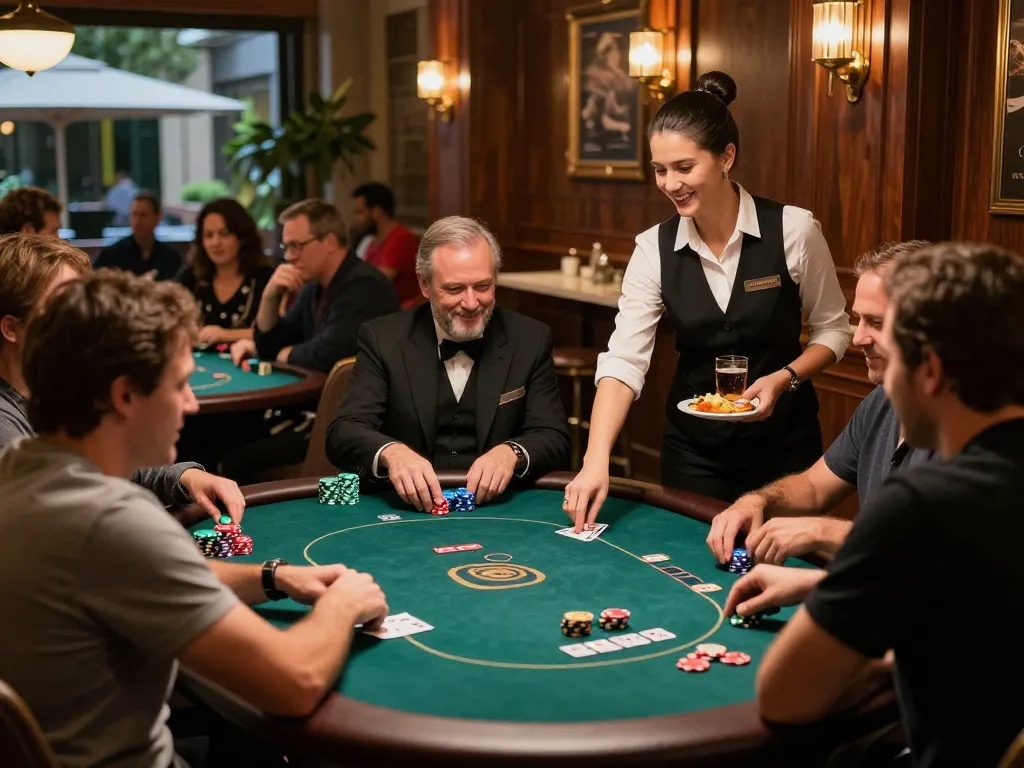 Engaged players at POKERSERI enjoying dining and poker gaming experience.