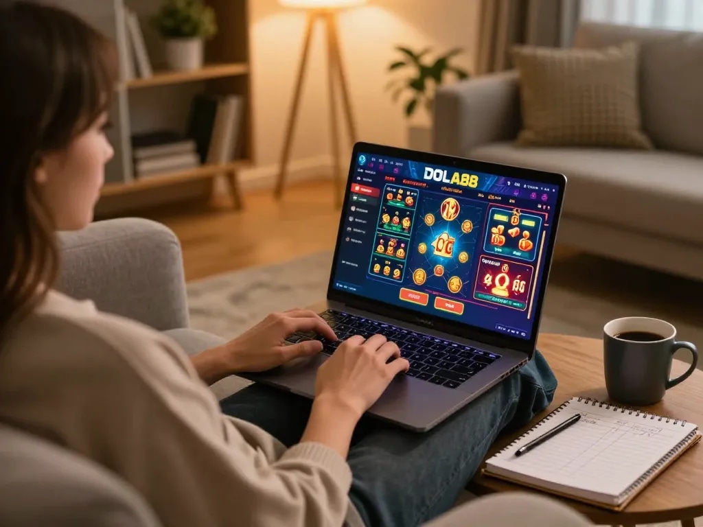 DOLA88 online gaming scene features a player enjoying a virtual casino at home with engaging games