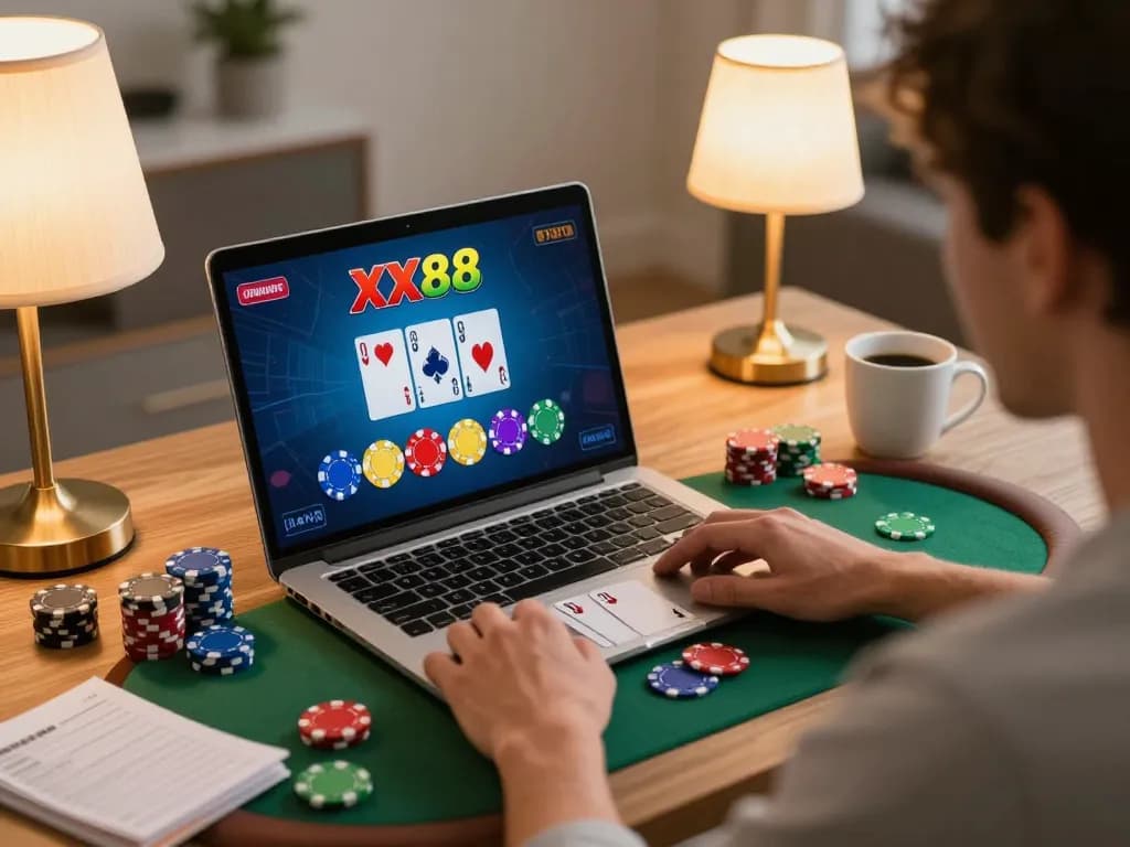 Engaging online poker gaming scene featuring XX88 logo, cozy home setup with strategy notes and laptop.
