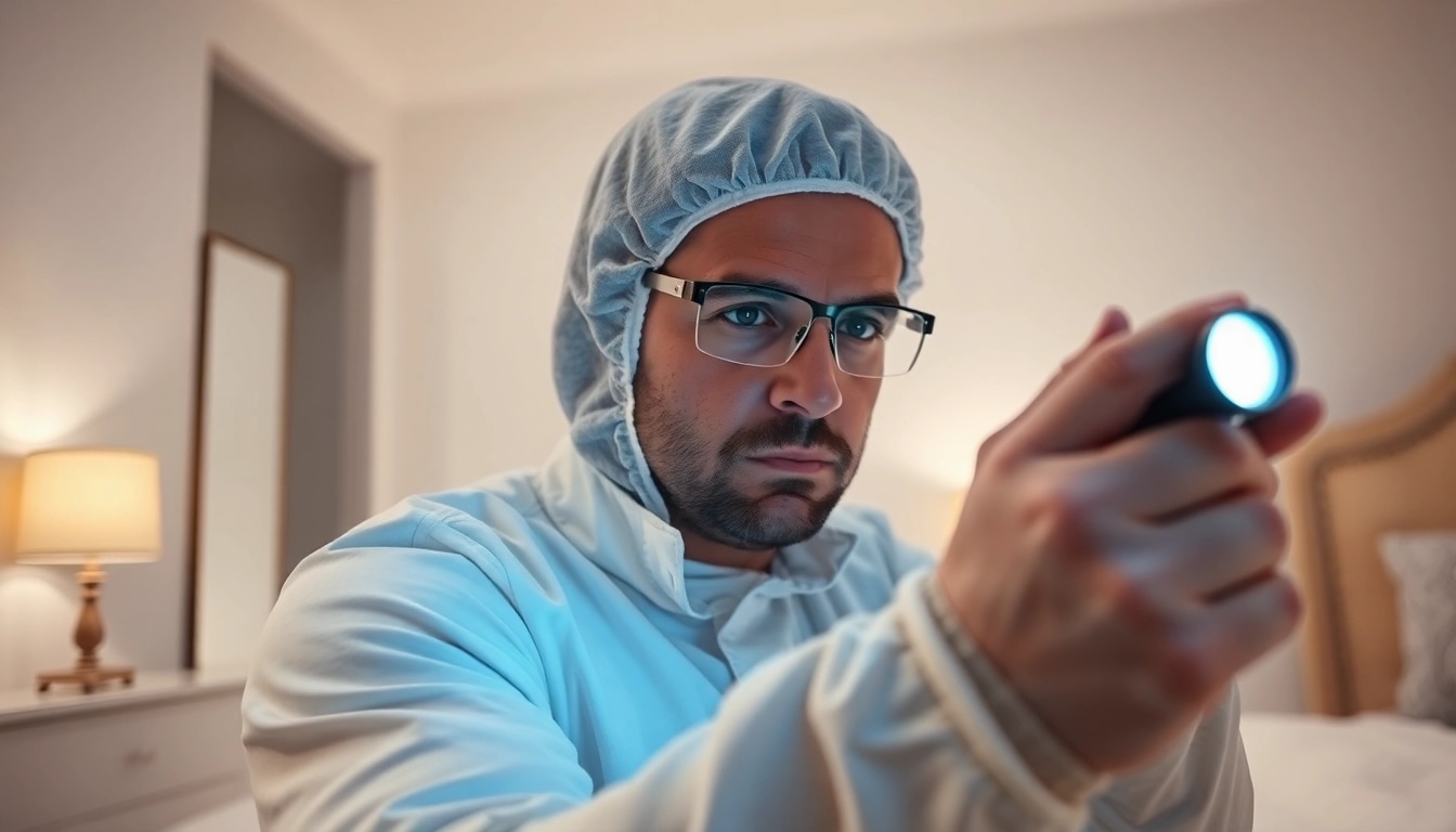 Bed bug extermination near me being conducted by a professional in a sanitized bedroom.