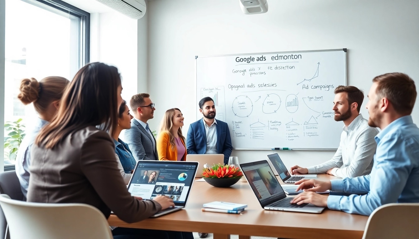 Engaging team collaborating on google ads edmonton strategies in a bright office setting.