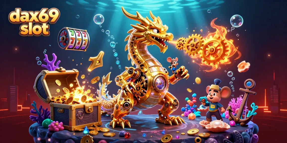 Dax69 slot menampilkan naga emas biomekanik dengan detail menakjubkan dalam ilustrasi 3D, dikelilingi harta karun bawah laut dan elemen permainan slot.