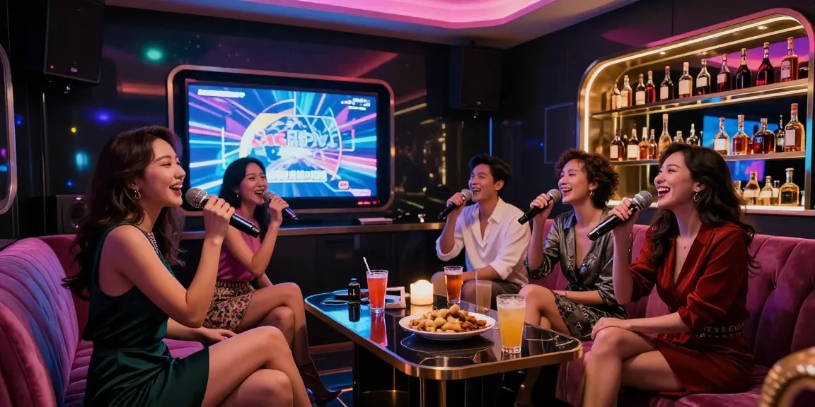 강남가라오케 https://www.gangnammicroom.com에서 고급 사교 모임을 즐기는 모습, 화려한 조명 아래 노래하며 웃고 있는 친구들.