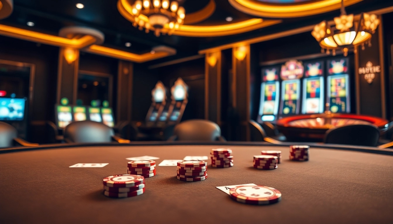 Engaging poker action at MK8 casino with vibrant chips and glowing slot machines.