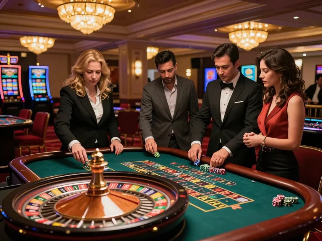 Engaging scene at the best widget store, highlighting players at a roulette table strategizing their bets.