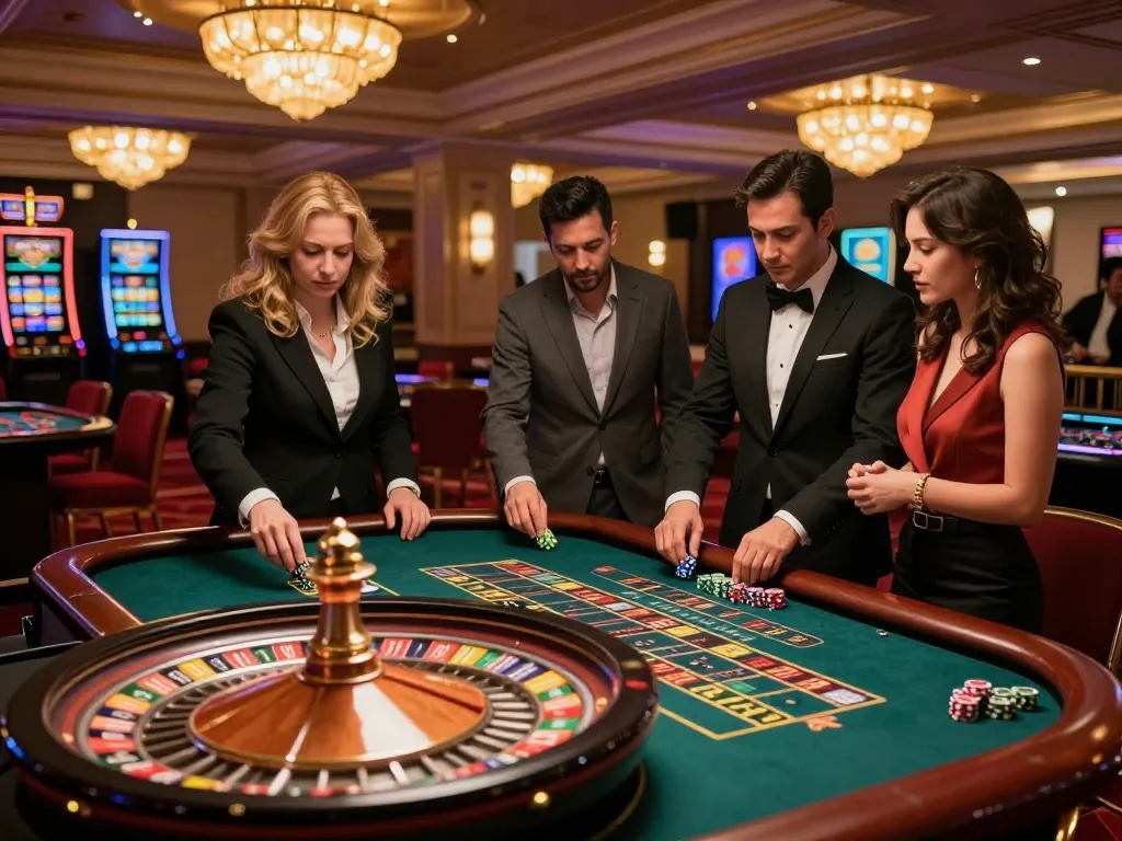 Engaging scene at the best widget store, highlighting players at a roulette table strategizing their bets.
