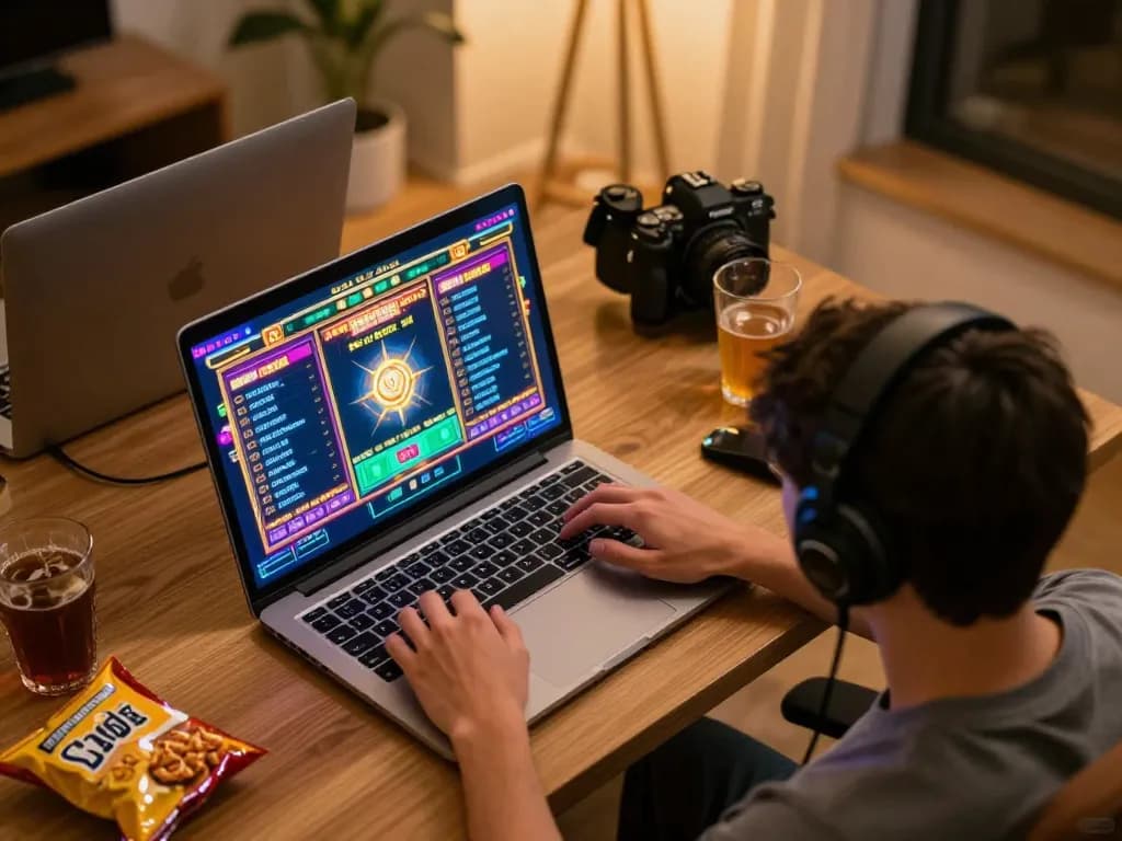 Engaging online slot resmi gameplay, by a player in a cozy home office setup.