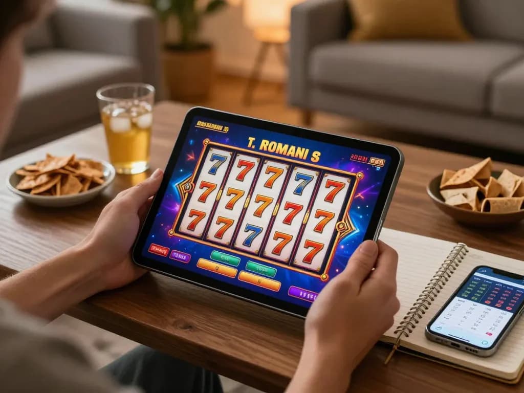 Playing slot 777 on a tablet with colorful graphics in a cozy home setting.