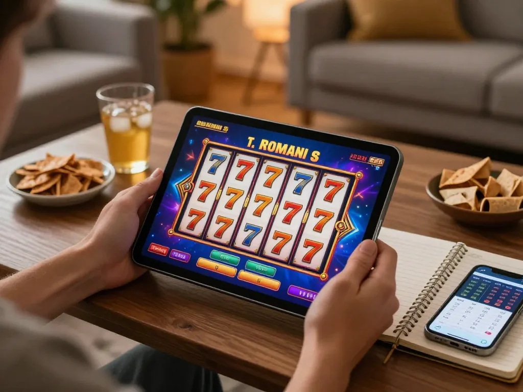 Playing slot 777 on a tablet with colorful graphics in a cozy home setting.