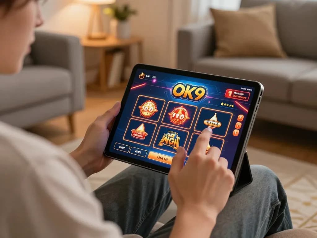 Player enjoying Ok9 casino app on tablet in cozy living room during strategic gaming session.