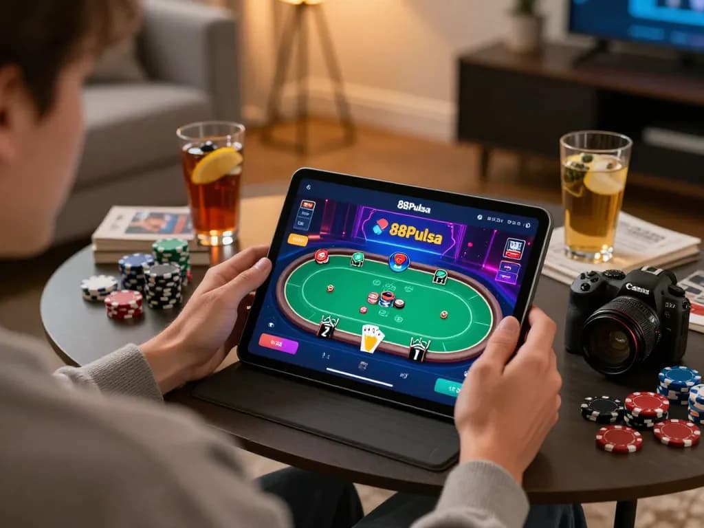 Pemain yang terlibat sedang menjelajahi permainan poker online 88Pulsa di tablet dengan chip kasino di meja.