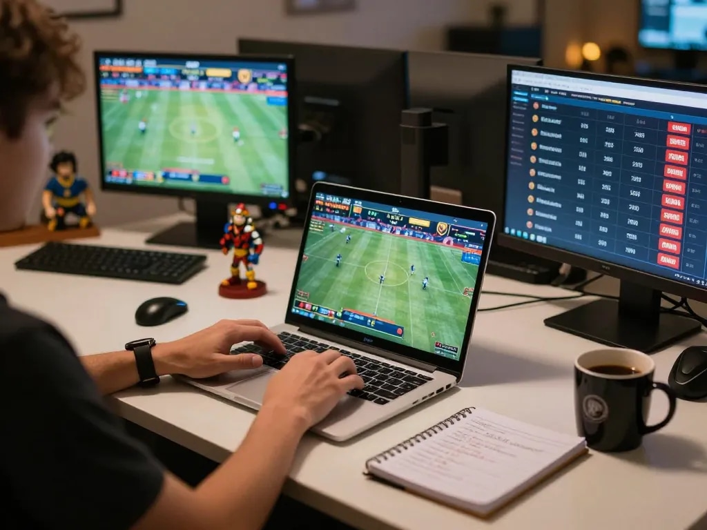 Engaged user placing bets on DN88 sports betting interface using laptop and notes.
