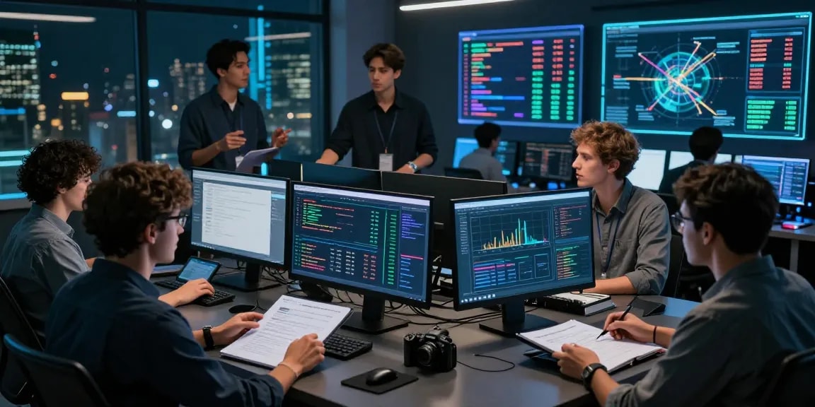 Team of digital security analysts evaluating verified darknet market links 2026 in a high-tech workspace with multiple monitors and charts.