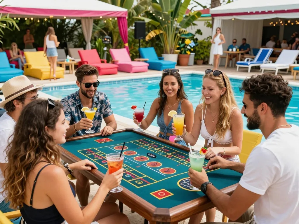 Exciting outdoor pool game scene with friends at popotogel pool party, vibrant atmosphere and refreshing drinks.