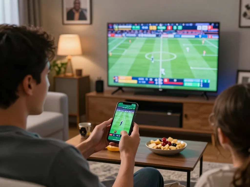 Bet on sports with THABET in a lively home setting, enjoying live games while placing bets on mobile.