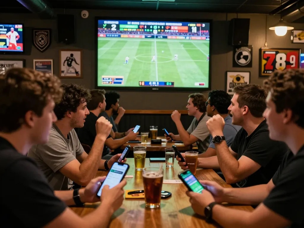 Betting excitement on 789WIN app during live sports match at a crowded bar