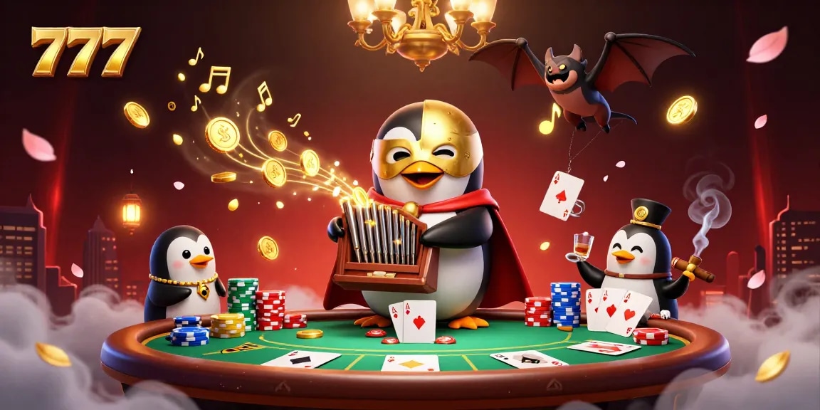 Penguin playing organ shoots coins while 777 poker chips surround the vibrant casino scene.