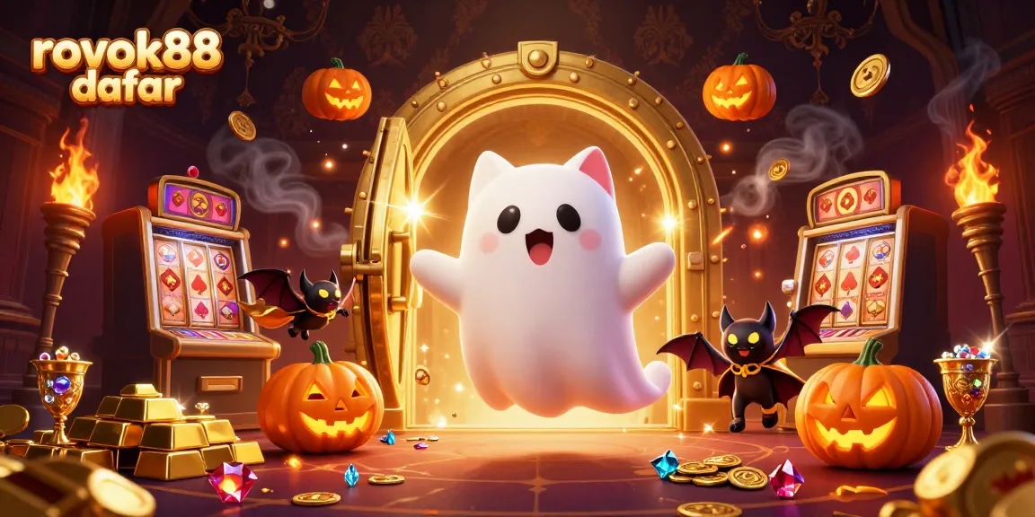 Experience rokok88 daftar with a fun cartoon scene featuring a ghost cat and gold treasures.