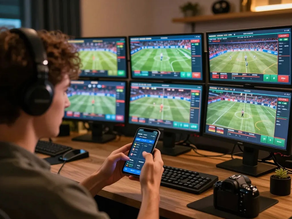 Engaging in dynamic sports betting through link rr88 on a smartphone amidst a vibrant online atmosphere.