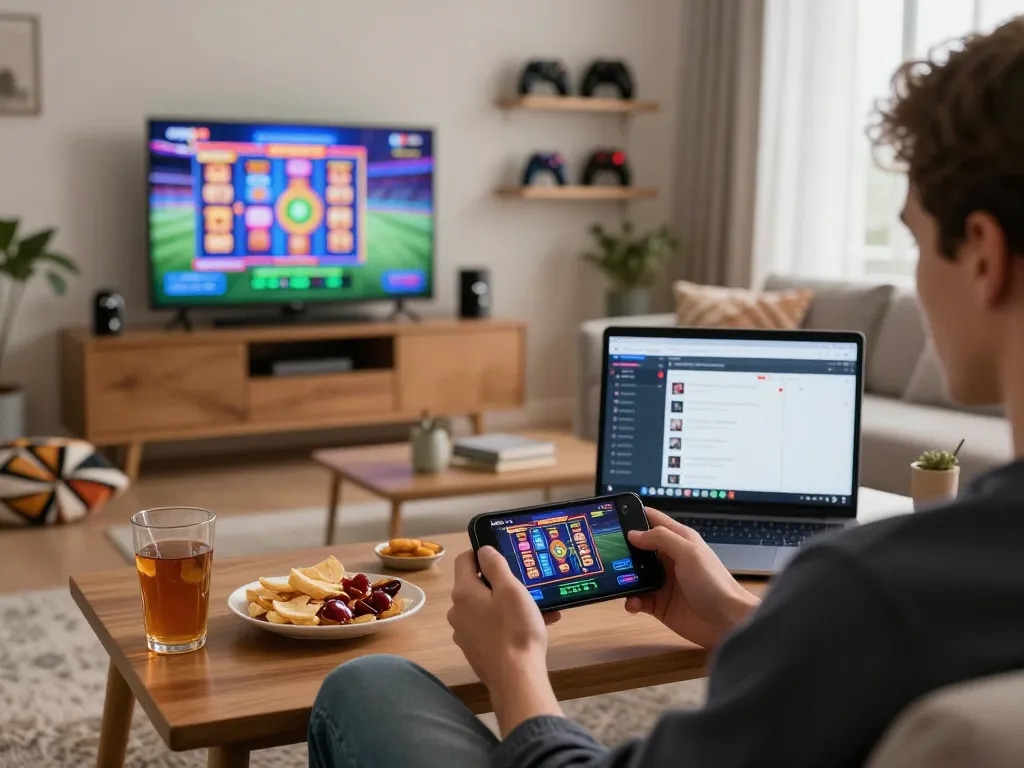 Engaging online gaming moment with ligasedayu slot games displayed on smartphone in cozy living room.