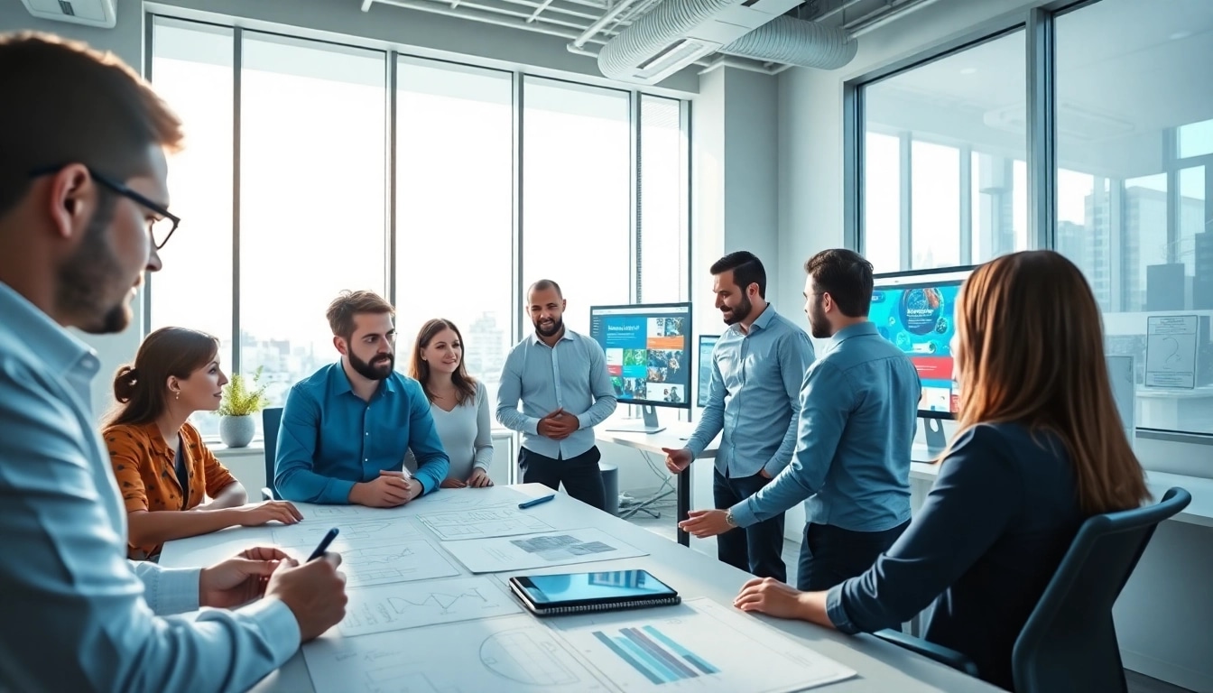 web design edmonton team collaborating in a modern office with bright natural lighting.