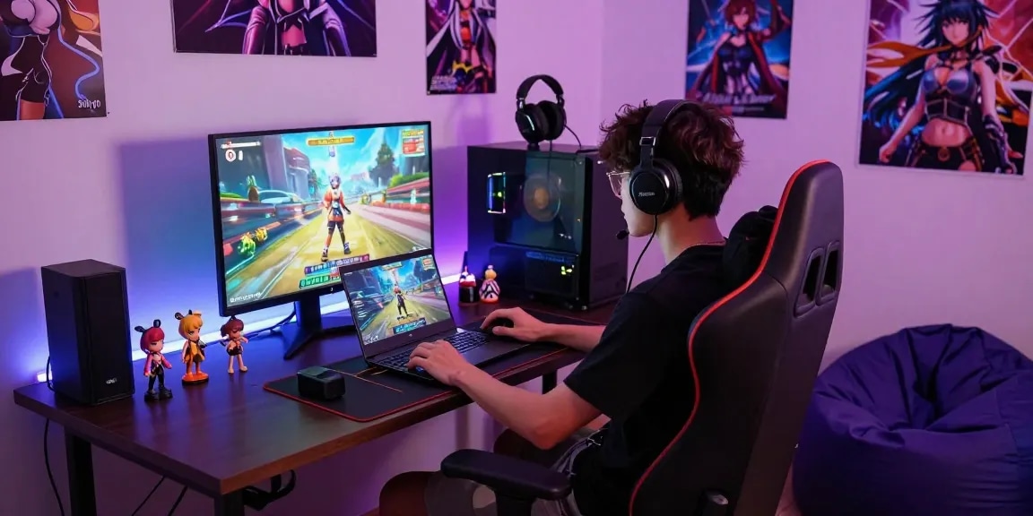 Gamer enjoying an immersive hentai game in a stylish home setup with vibrant lighting and collectibles.